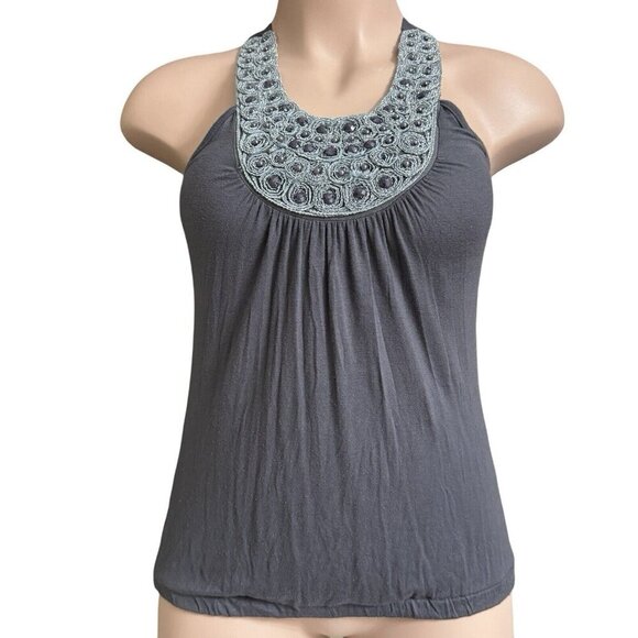 JULIE'S CLOSET Beaded Jeweled Tank Top Women's Small Gray Blouson Stretch Knit - Picture 3 of 15